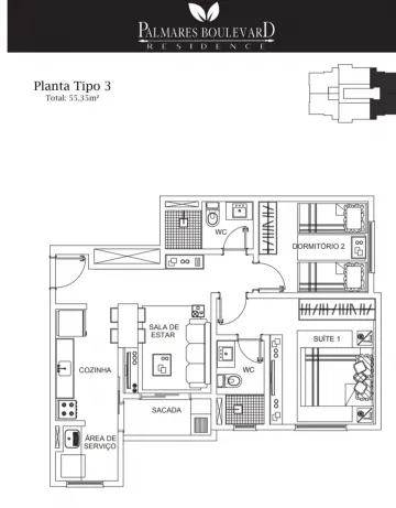 Apartamento com 2 Quartos e 2 banheiros à Venda, 55,06 m² por R$ 340.990,00